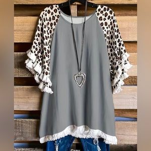 Grey cheetah print tassel shirt